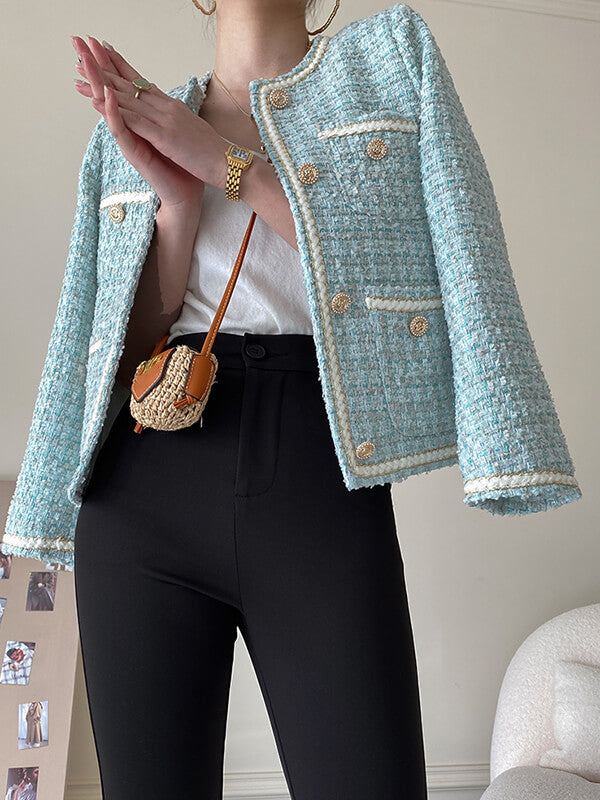 Onbely veste courte en tweed boutonnage avec poches femme élégant bleu