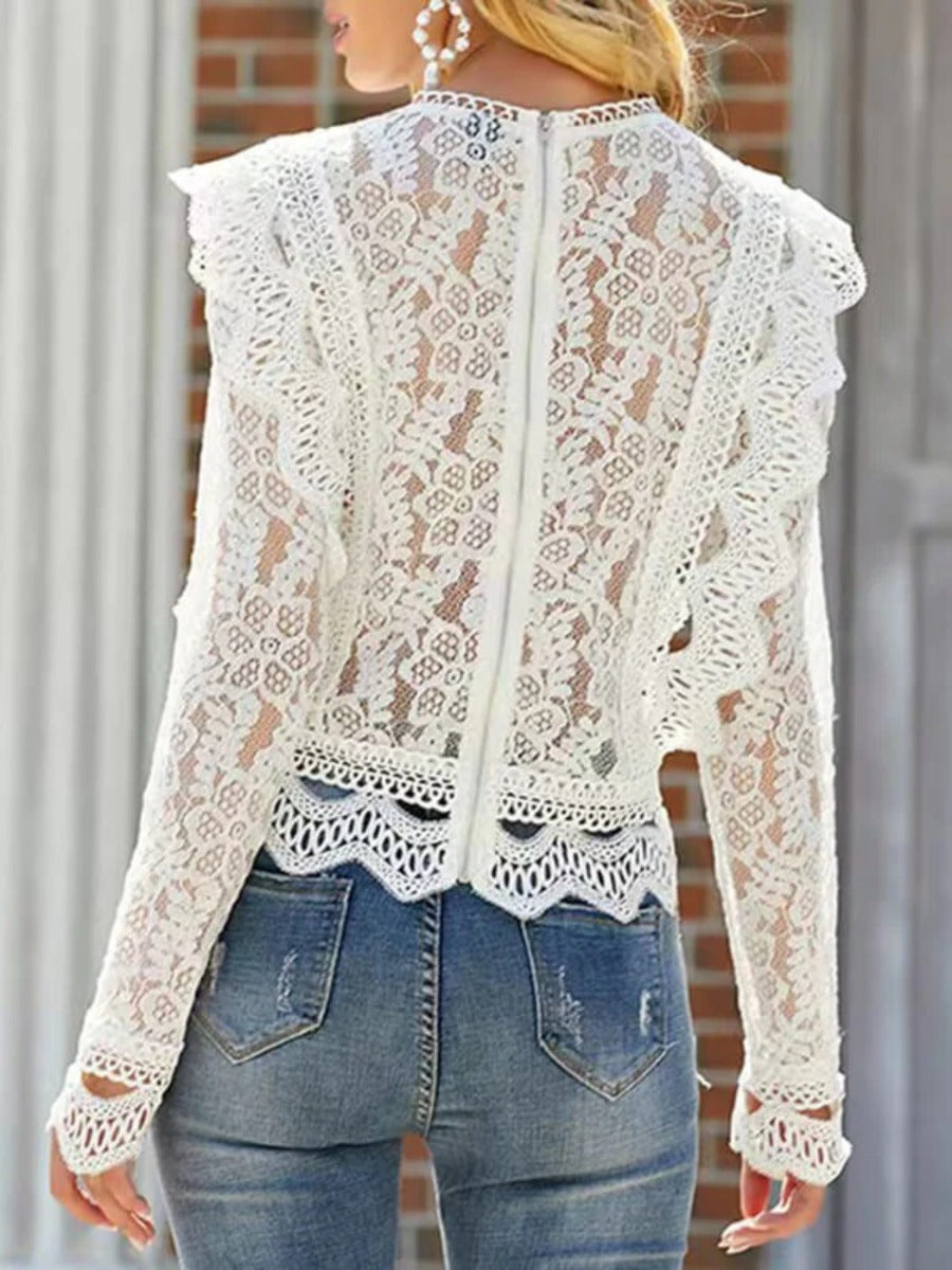 Onbely hauts broderie anglaise avec fermeture éclair col rond élégant femme