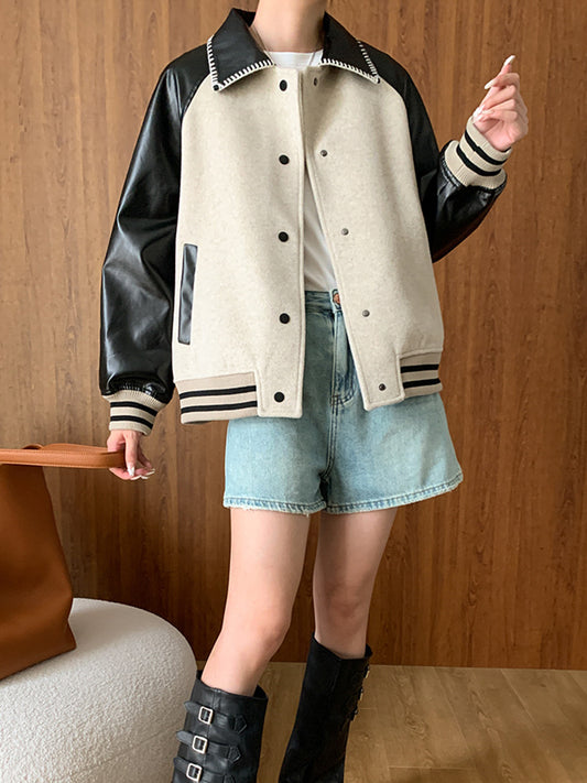 Onbely veste en laine simili cuir couleur bloc femme mode