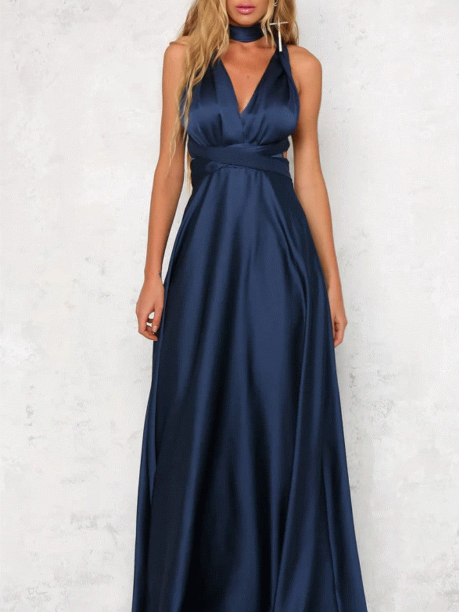 Onbely robe de soirée longue unicolore dos nu col en V licou/ras-du-cou taille élastique élégant invité mariage bal de promo