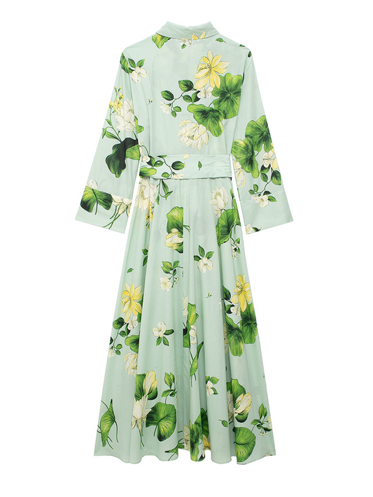 Onbely robe longue imprimé à fleurie boutonnage avec ceinture manches longues vert