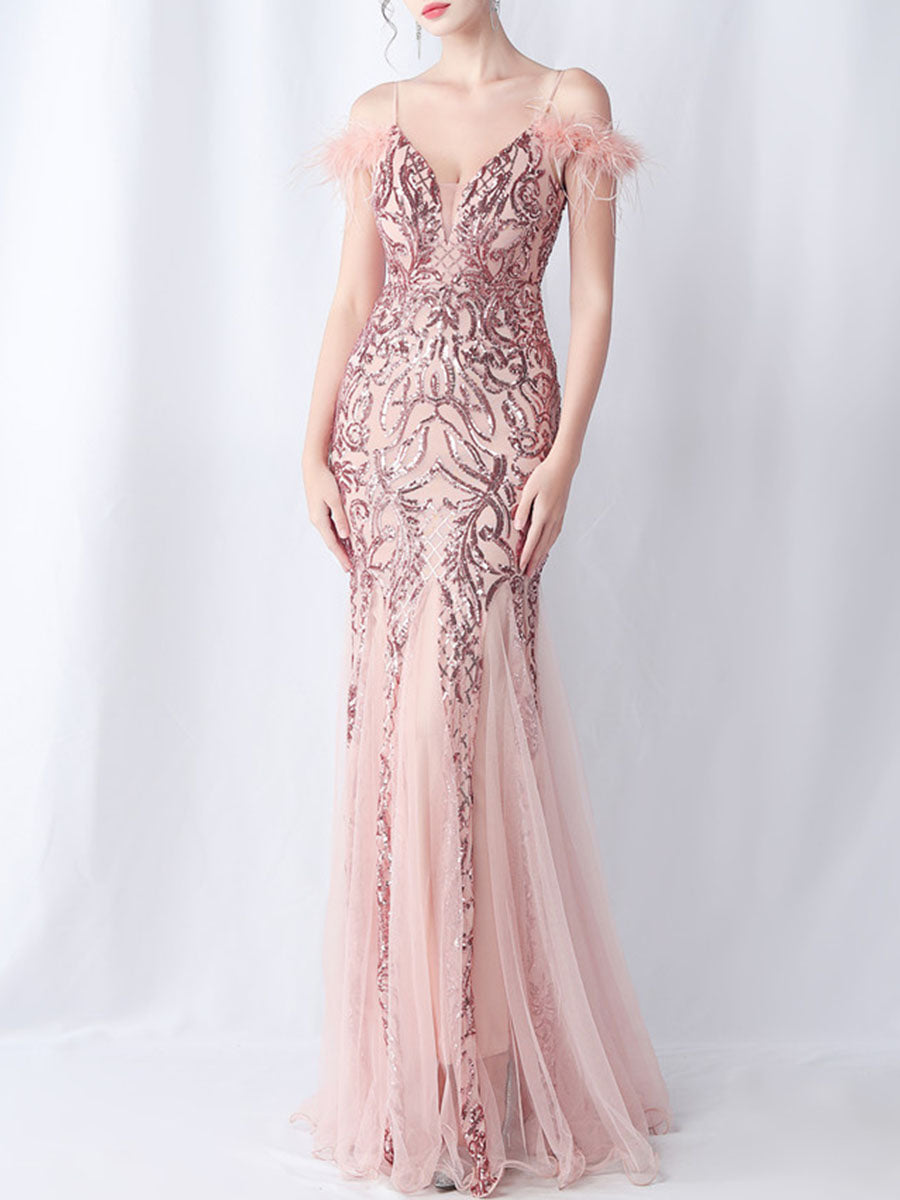 Onbely robe de soirée maxi longue en paillettes brillantes avec plumes pour un mariage femme cérémonie