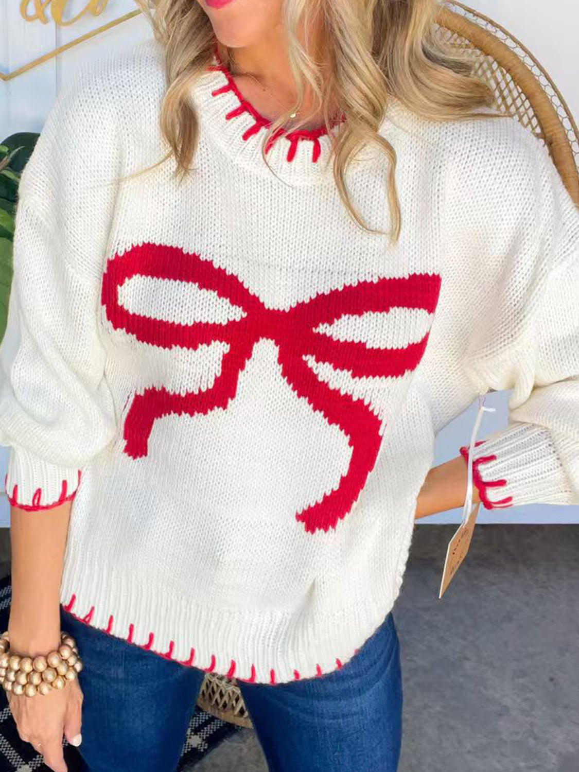 Pull de Noël à col rond et manches longues avec nœud