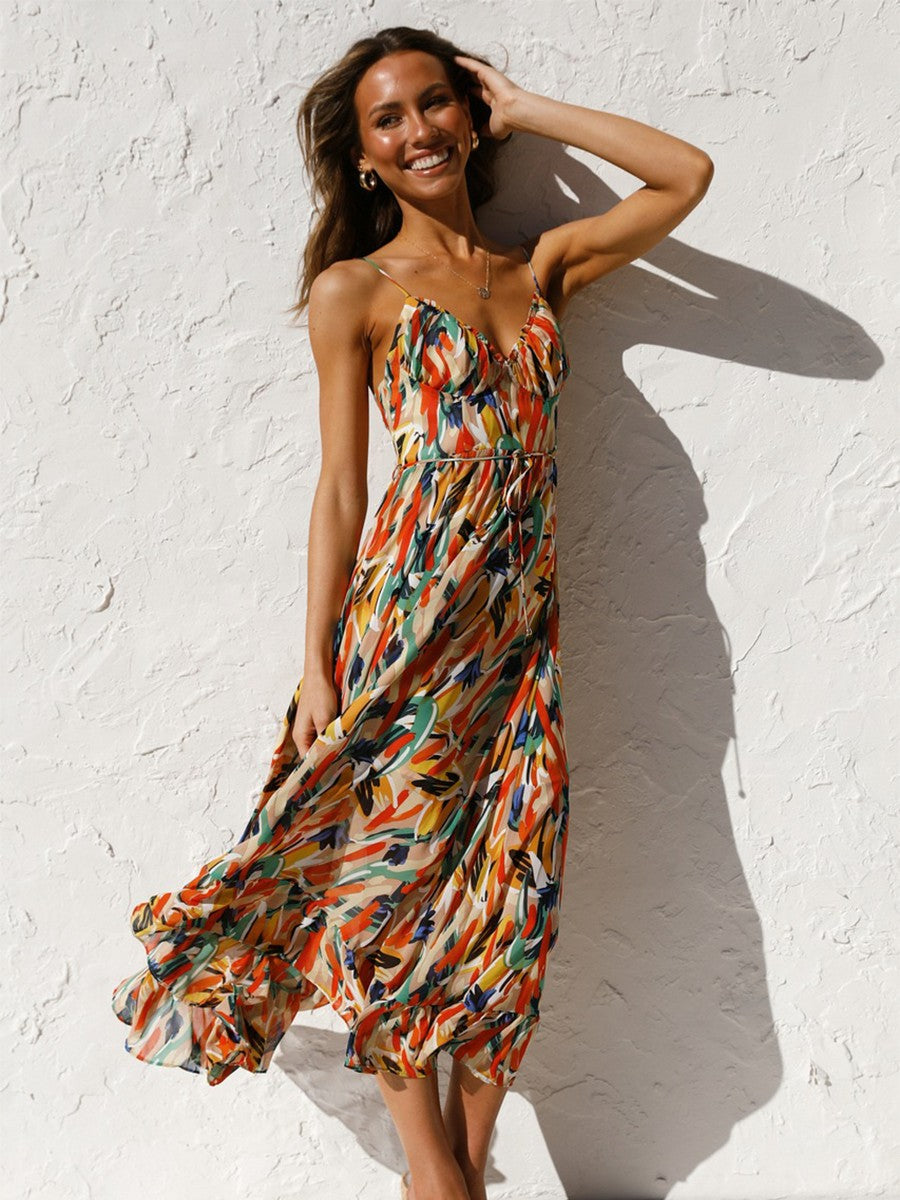 Onbely mi-longue robe imprimé à fleurie dos nu à fines brides col en V doux mode tous les jours vacances boho dress