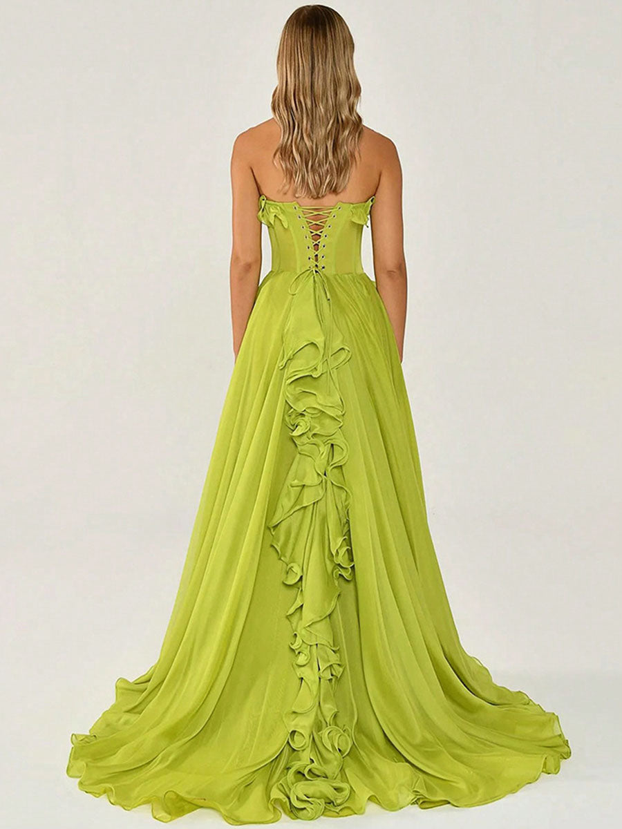 Onbely robe de soirée maxi longue fendue sur le côté à volants bustier vert pour un mariage femme cérémonie