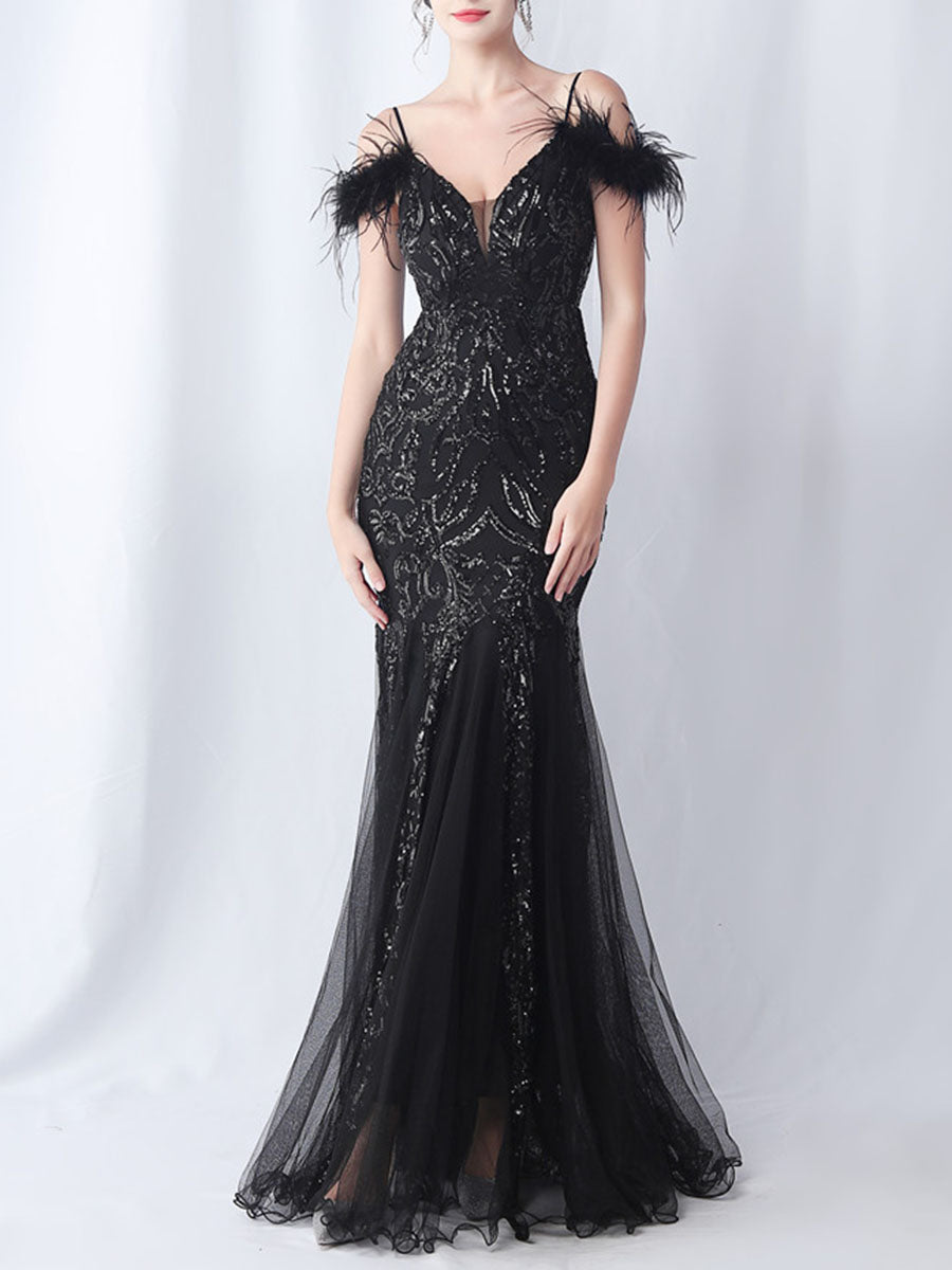 Onbely robe de soirée maxi longue en paillettes brillantes avec plumes pour un mariage femme cérémonie