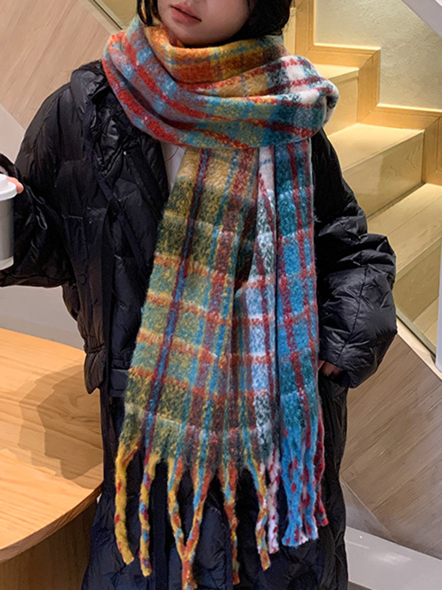 Onbely écharpe carreaux avec frange vintage