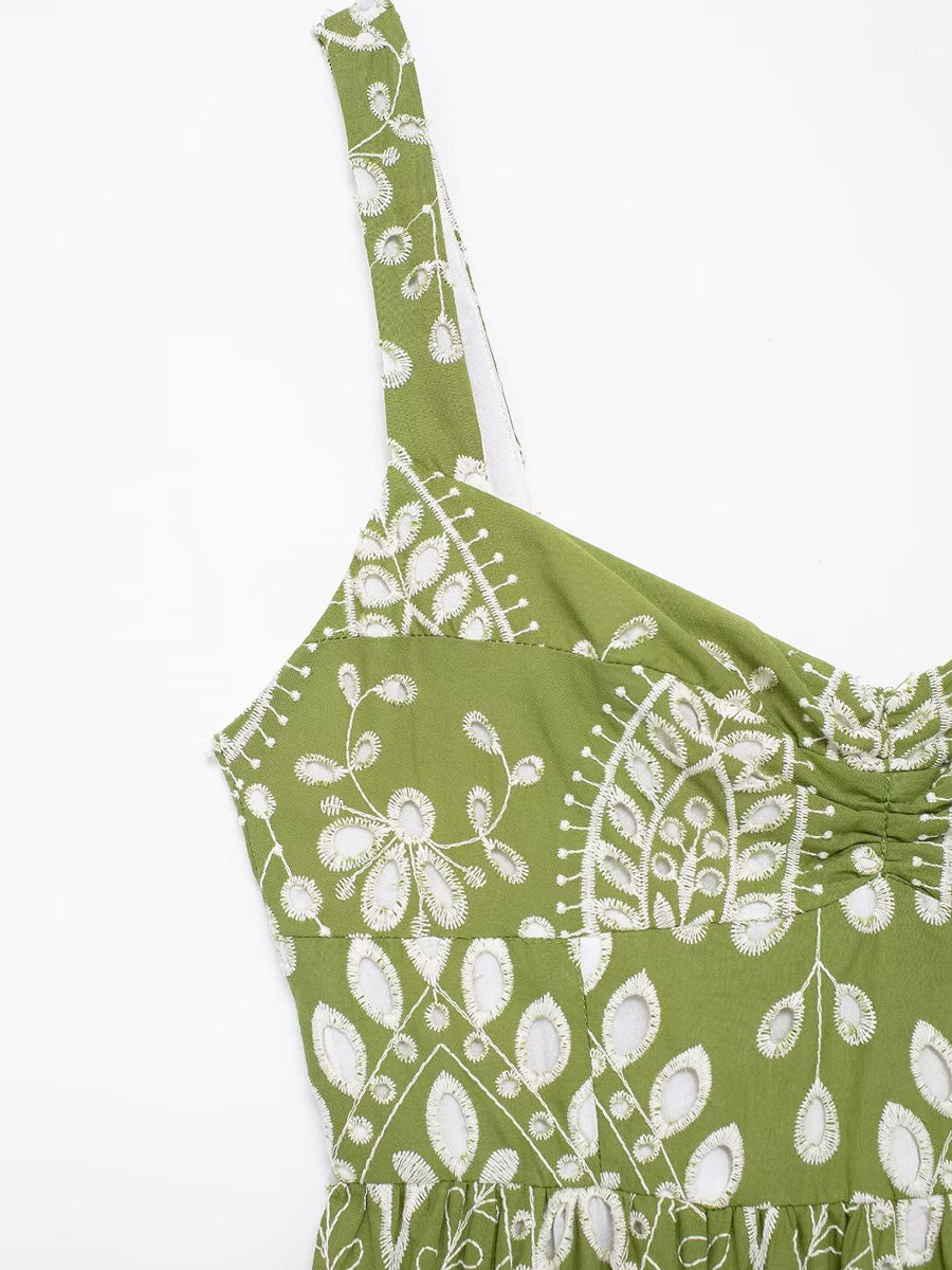 Onbely robe de soirée longue brodée motif cachemire vert sans manches à fines brides pour bal et plage