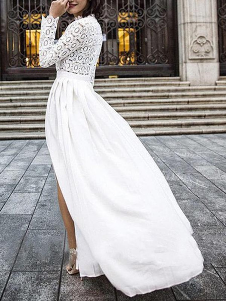 Onbely robe de soirée longue unicolore dentelle fendu le côté col rond manches longues froncée élégant bal de promo cérémonie