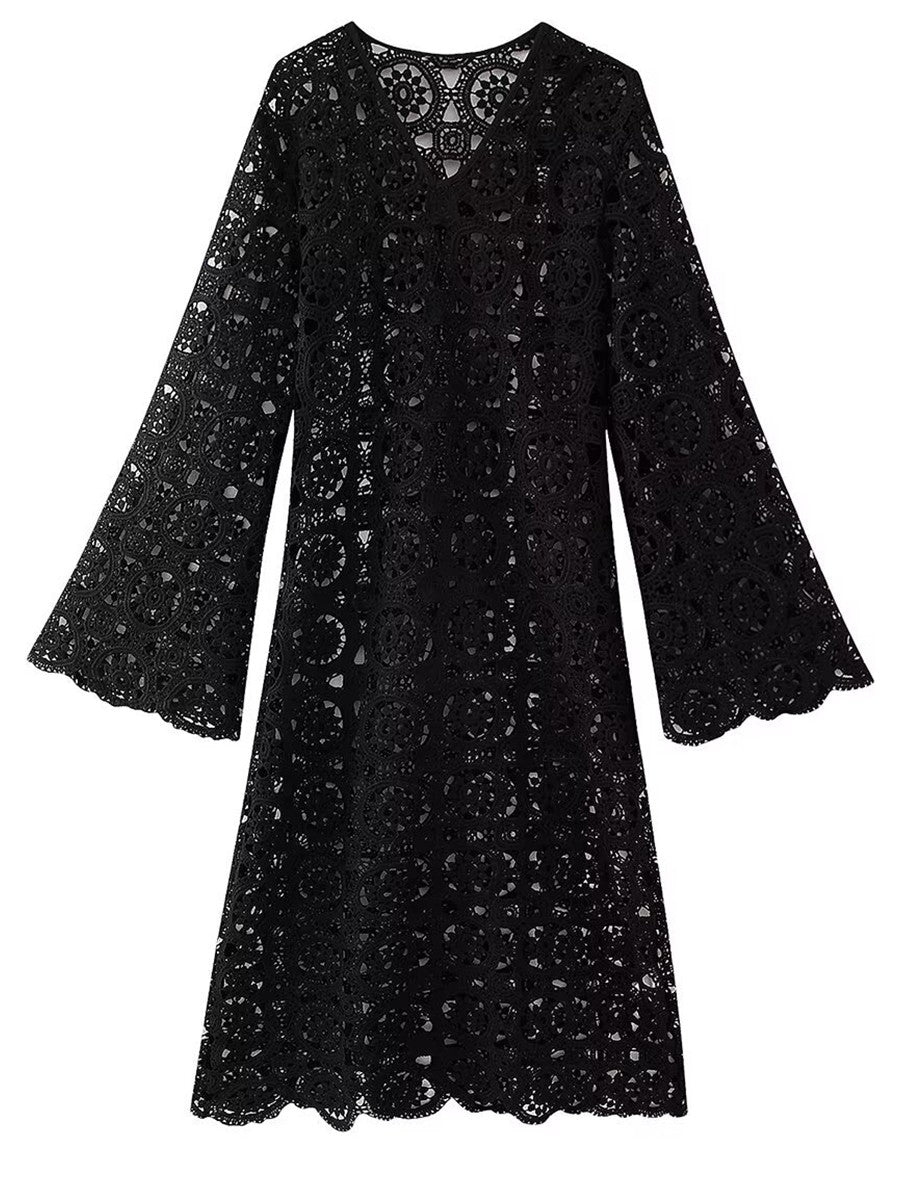 Onbely robe longue trapèze unicolore dentelle brodée col en V manches trompette manches longues mode tous les jours bureau