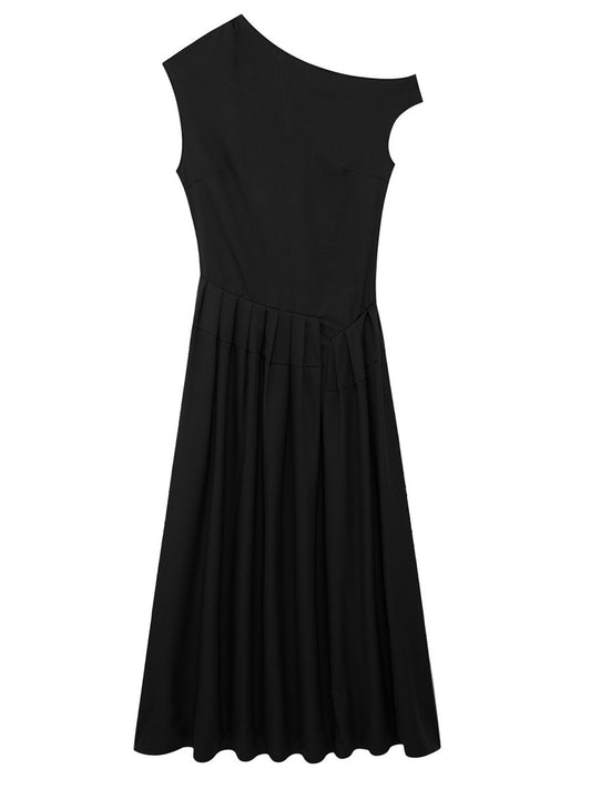 Onbely robe longue trapèze unicolore plissé col asymétrique mode tous les jours bureau