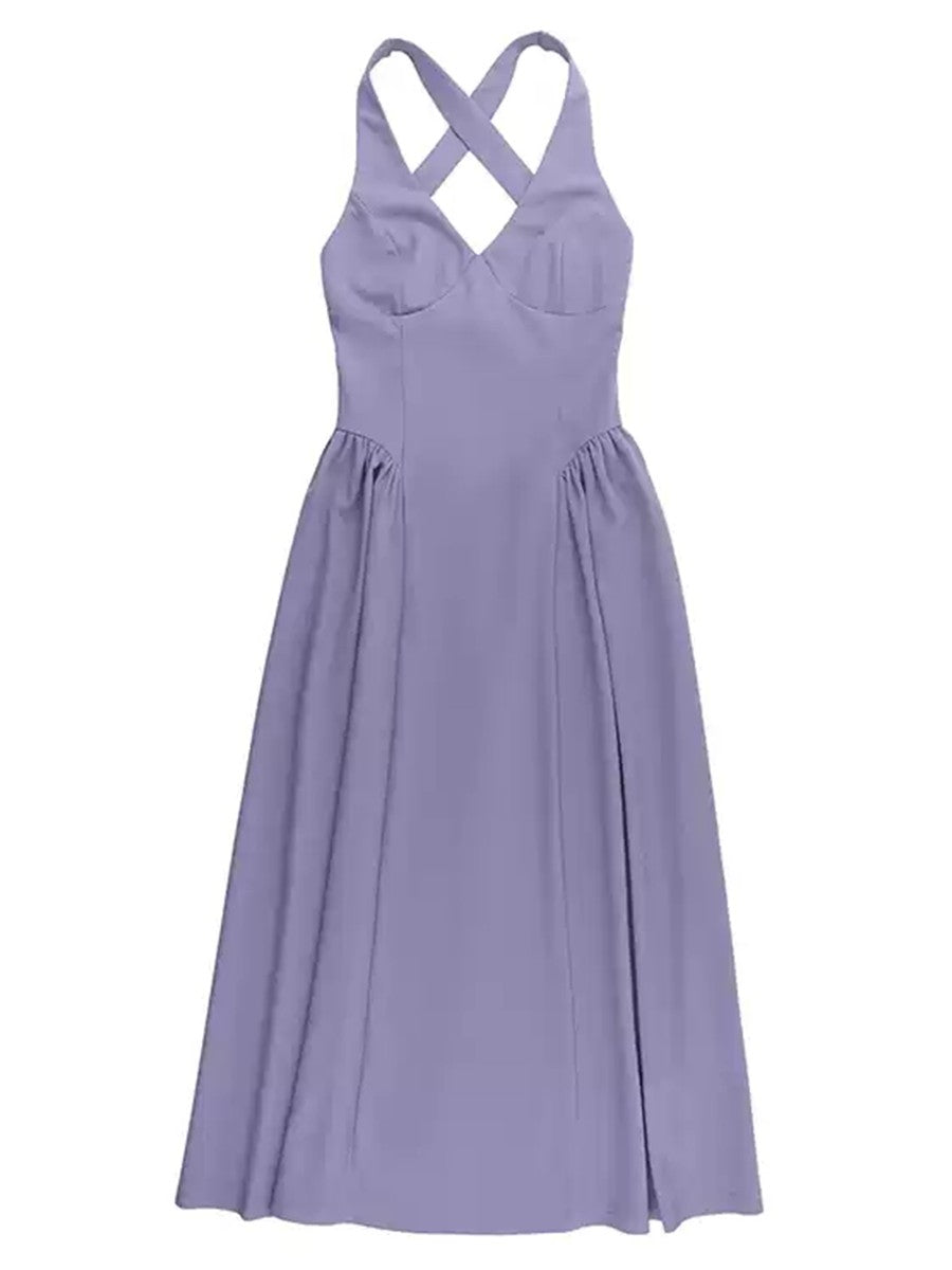 Onbely robe longue trapèze unicolore dos nu v-cou élégant bal de promo