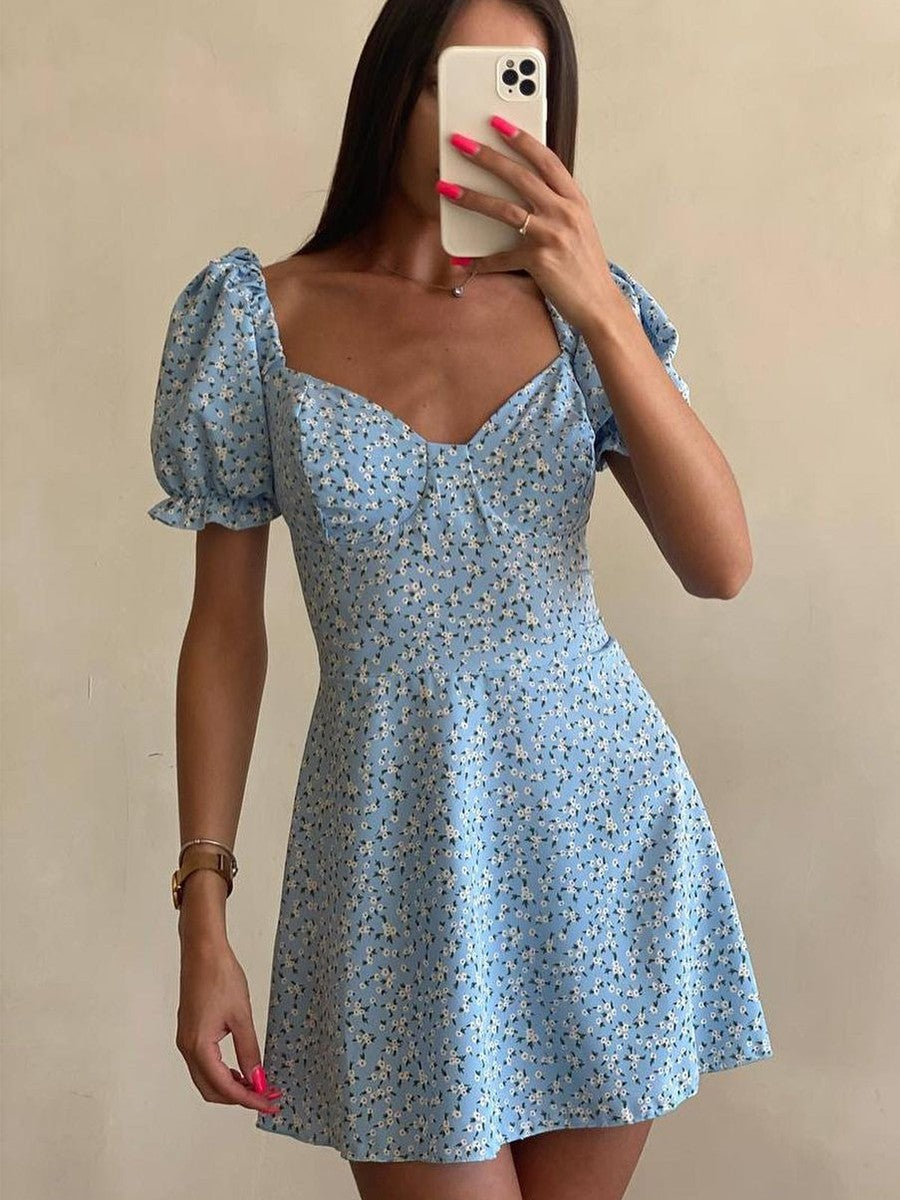 Onbely robe courte trapèze fleurs dos nu col carré manches bouffantes manches courtes taille marquée doux tous les jours vacances