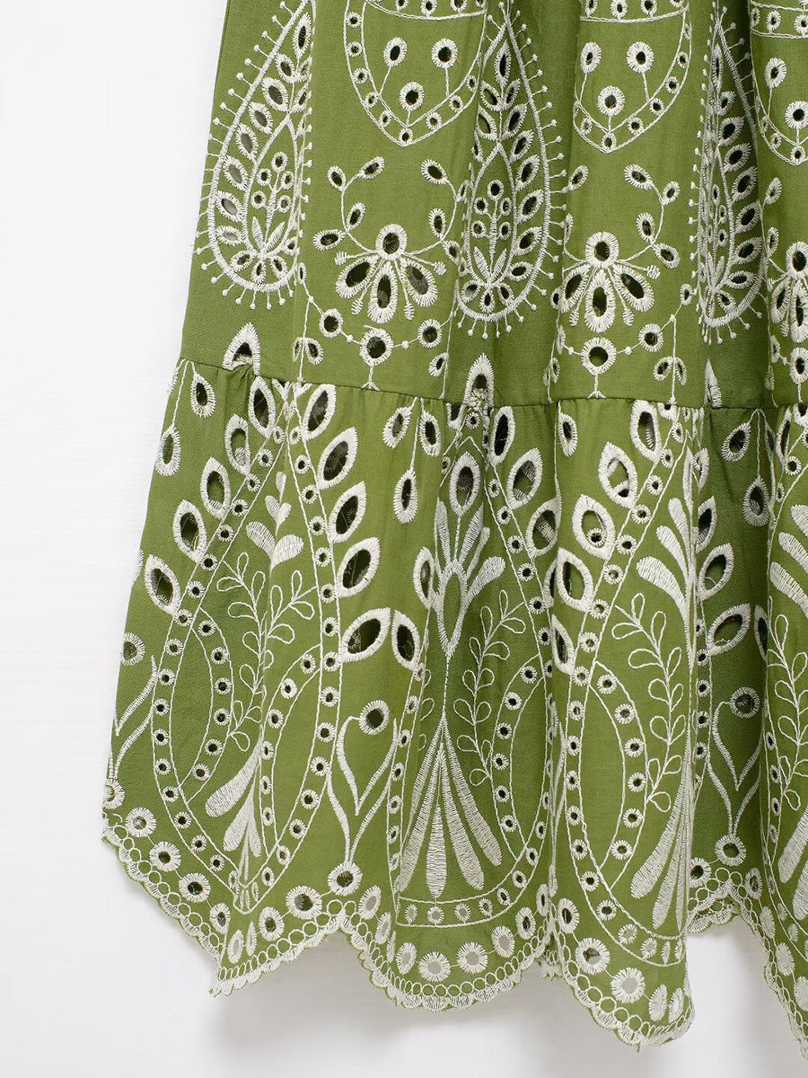 Onbely robe de soirée longue brodée motif cachemire vert sans manches à fines brides pour bal et plage