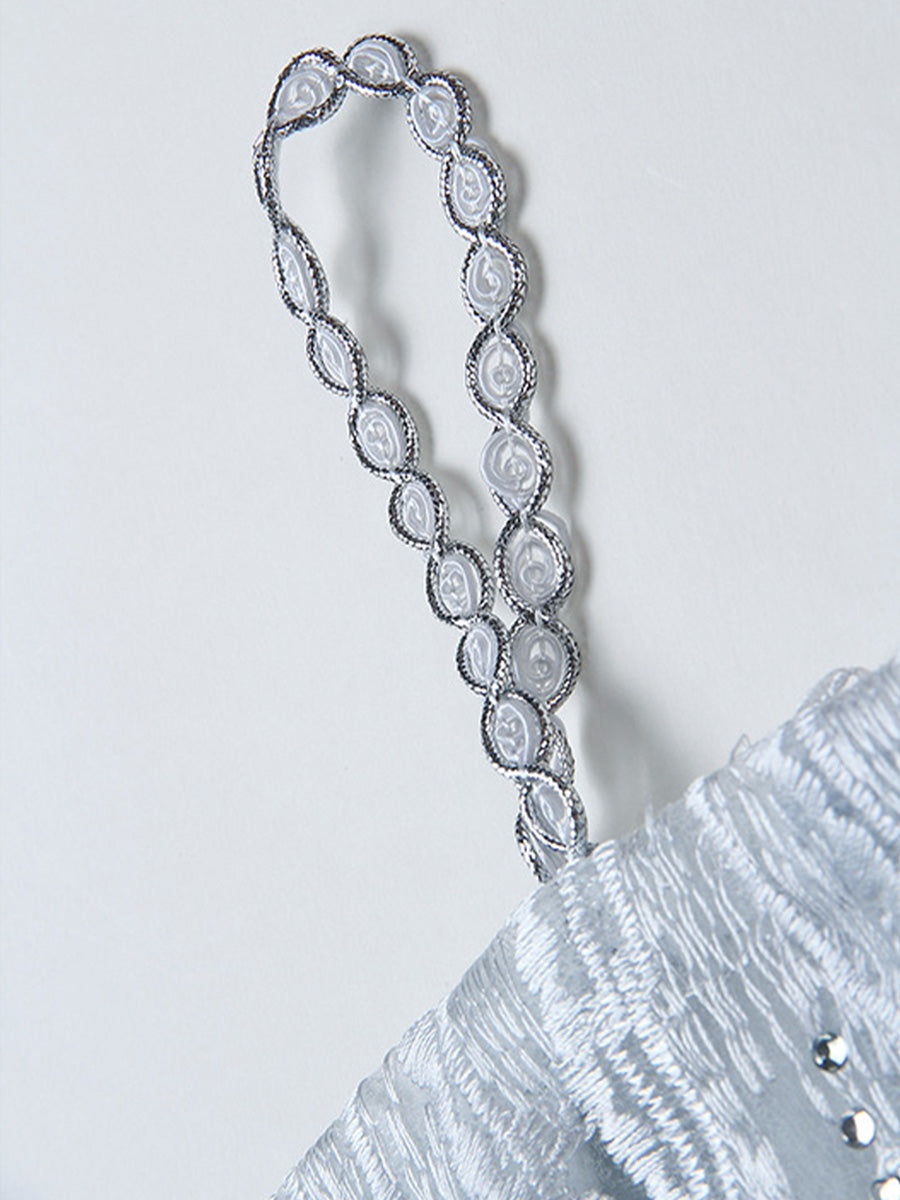 Onbely robe courte bleue à strass et franges pour cocktail