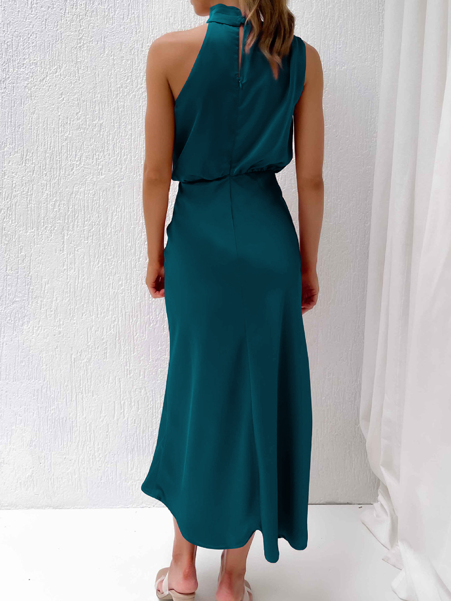 Onbely mi-longue robe unicolore satin sans manches taille haute élégant invité mariage