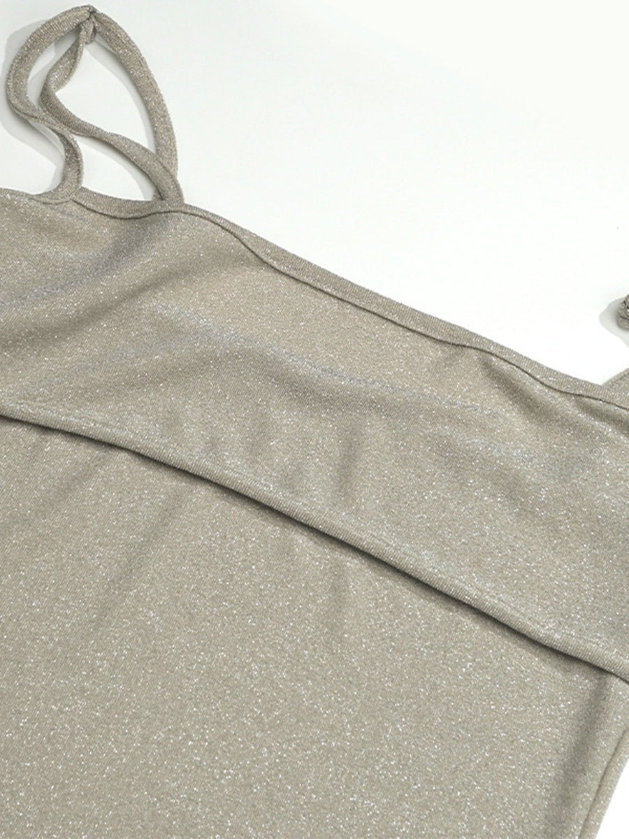 Onbely mi-longue robe brillante paillette à fines brides dos nu cocktail