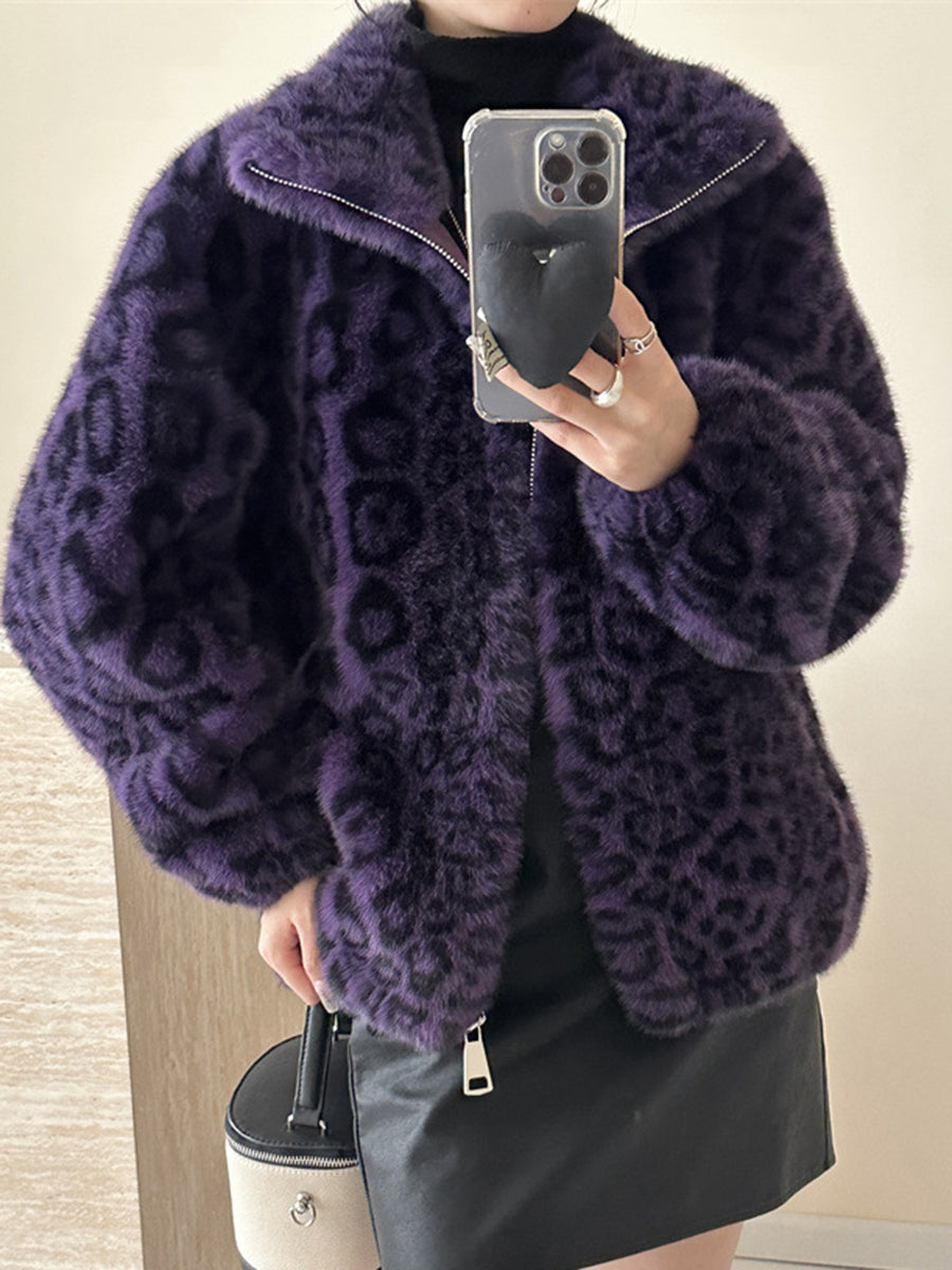 Onbely manteau en fausse fourrure léopard avec fermeture éclair femme mode