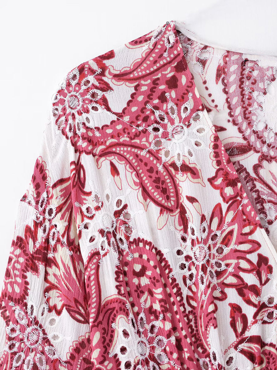 Onbely Robe Midi Bohème Paisley brodée V-col Manches Longues Vacances
