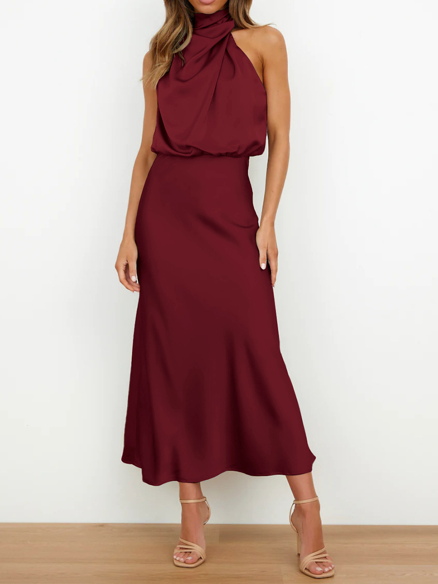 Onbely mi-longue robe unicolore satin sans manches taille haute élégant invité mariage