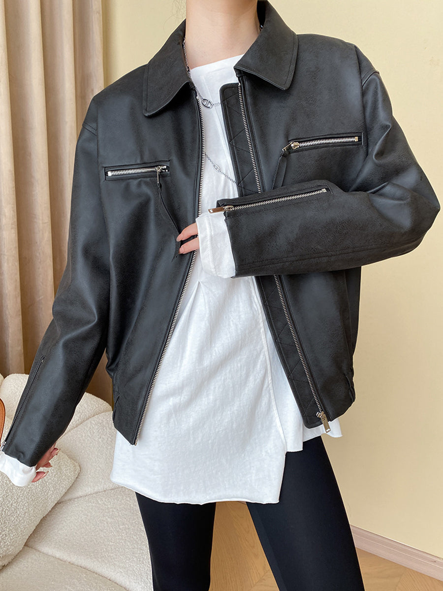 Onbely veste en cuir PU fermeture éclair femme vintage
