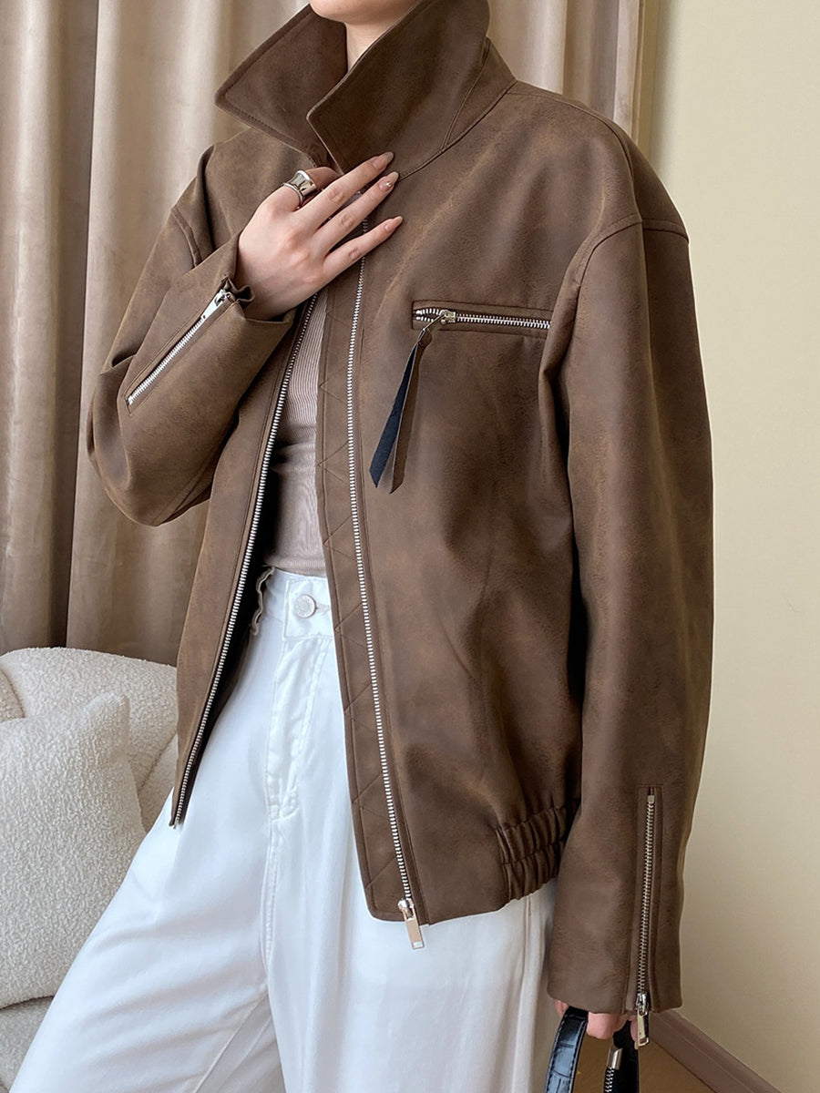 Onbely veste en cuir PU fermeture éclair femme vintage