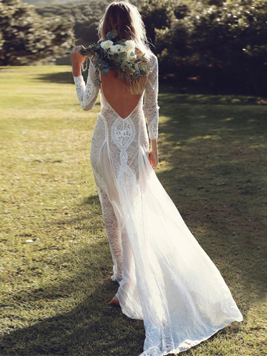 Onbely robe de mariée bohème longue et élégante en dentelle avec dos nu