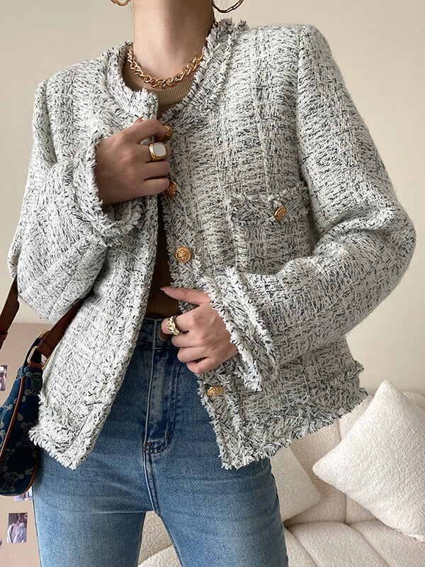 Onbely veste courte en tweed boutonnage avec poches col rond femme mode