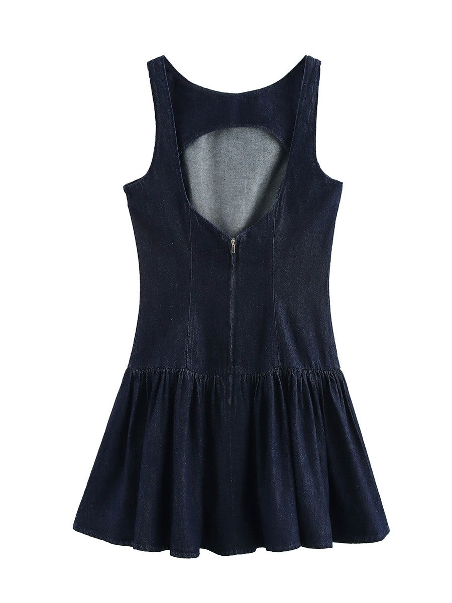 Onbely mi-longue robe trapèze unicolore plissé col rond mode doux tous les jours vacances