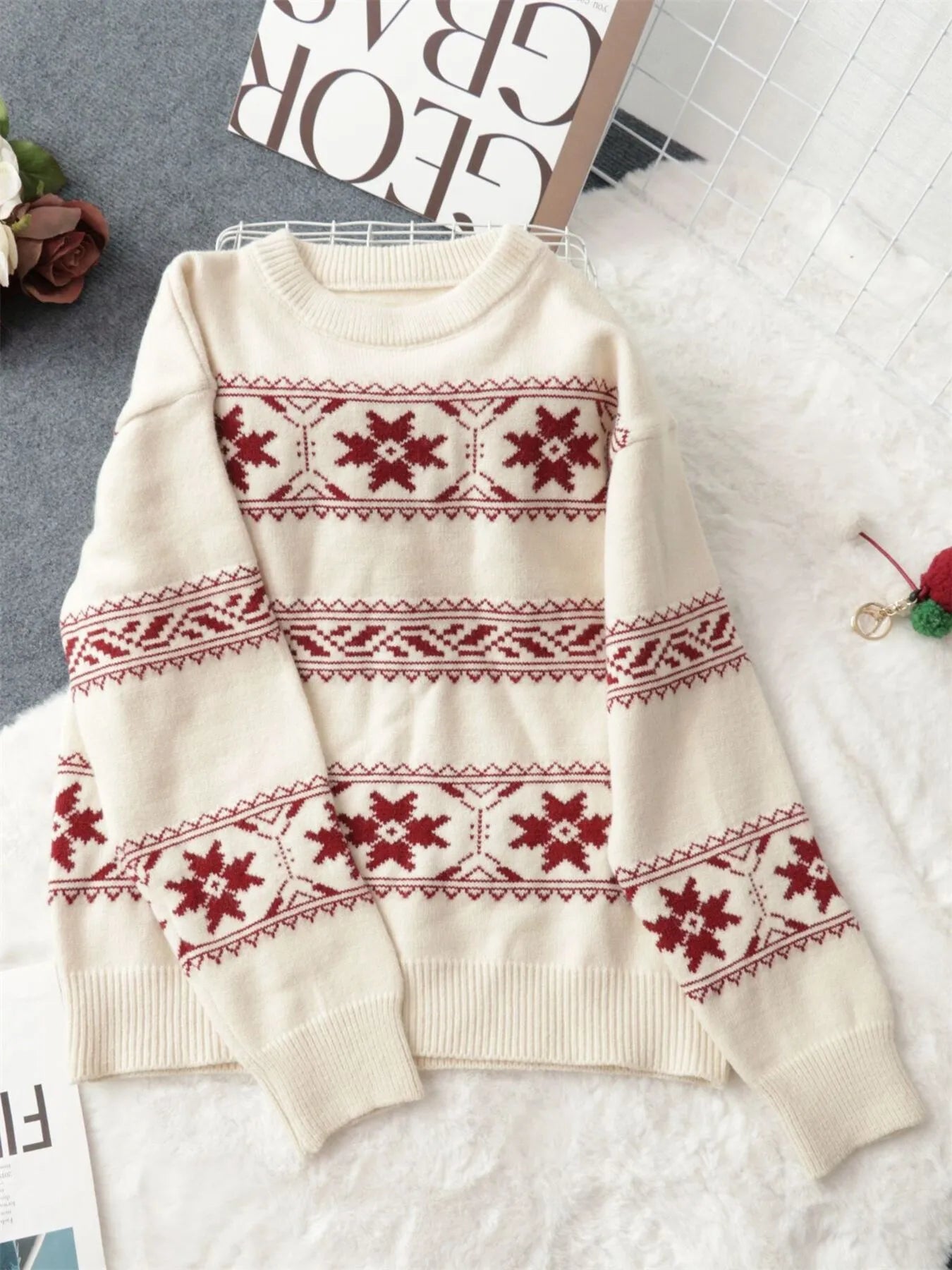 Pull de Noël à col rond motif flocon de neige