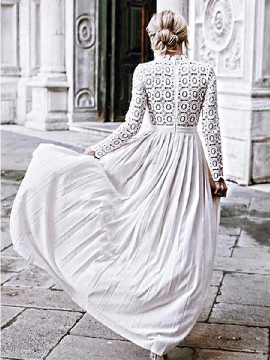 Onbely robe de soirée longue unicolore dentelle fendu le côté col rond manches longues froncée élégant bal de promo cérémonie