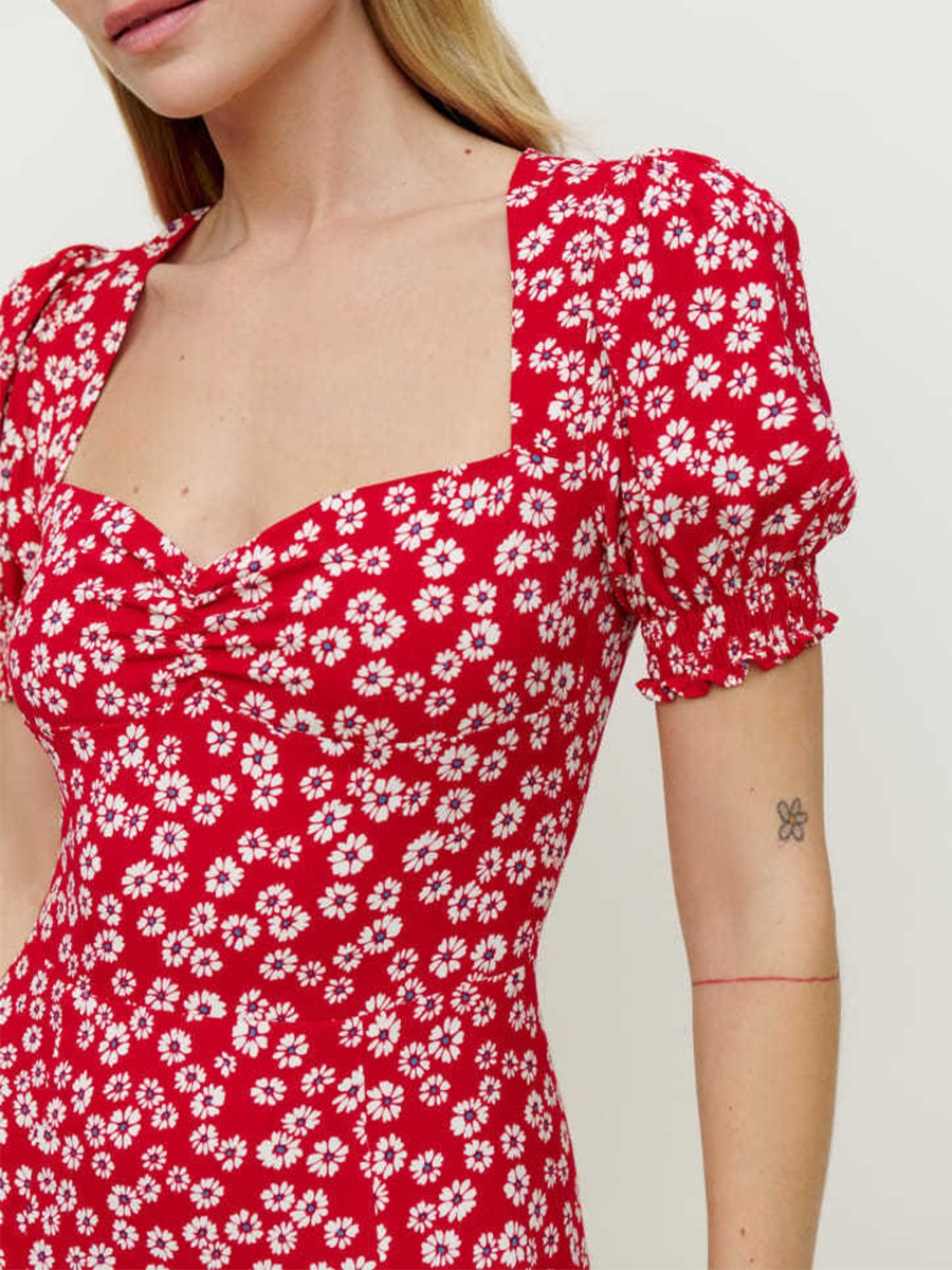 Onbely mi-longue robe imprimé à fleurie fendu le côté manches bouffantes vacances rouge