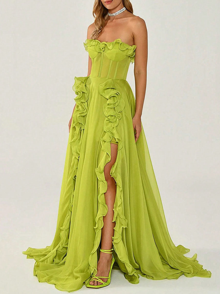 Onbely robe de soirée maxi longue fendue sur le côté à volants bustier vert pour un mariage femme cérémonie