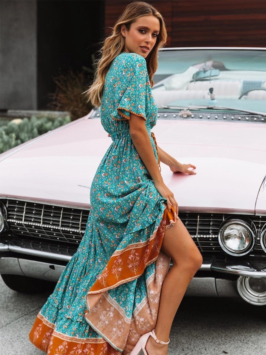 Onbely robe longue fleurs plissé col en V manches courtes bohème vacances plage