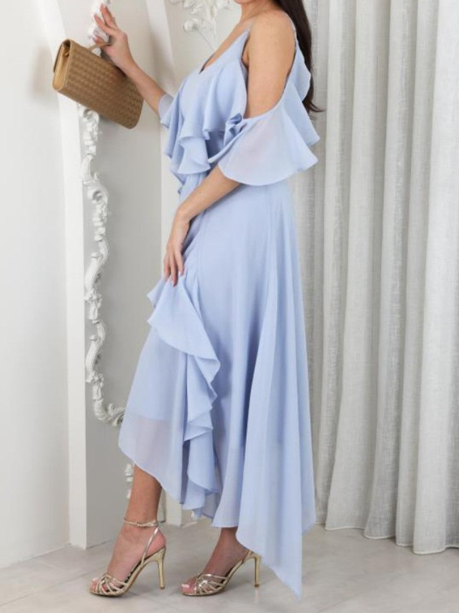 Onbely mi-longue robe irrégulière unicolore à fines brides col en V mode