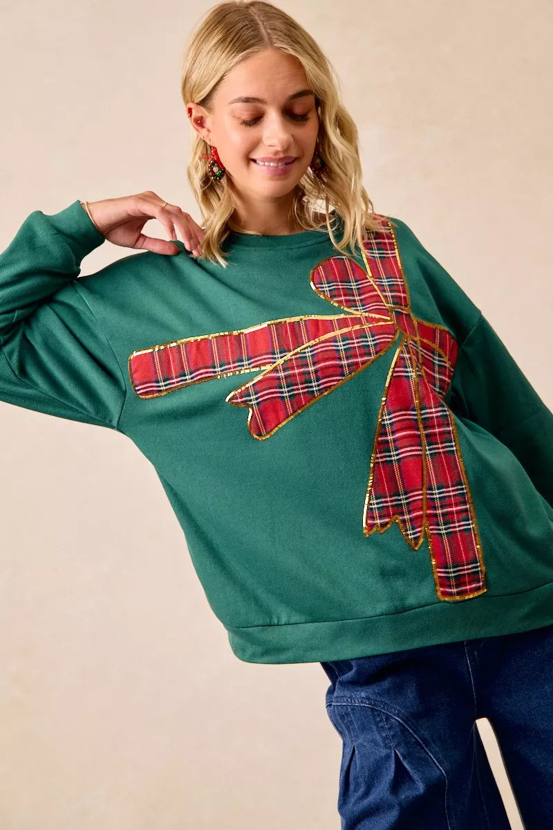 Sweat de Noël en polaire à ruban écossais et nœud décoratif
