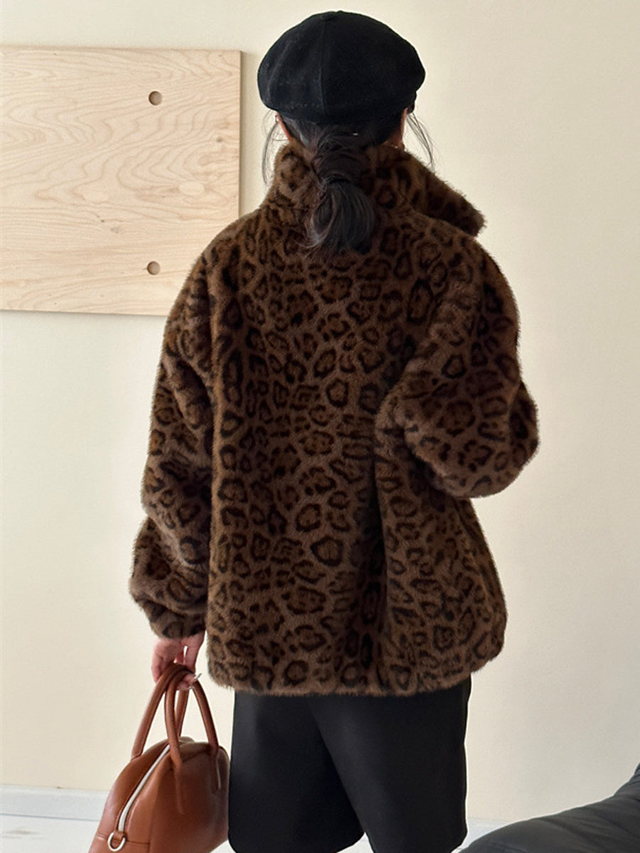 Onbely manteau en fausse fourrure léopard avec fermeture éclair femme mode