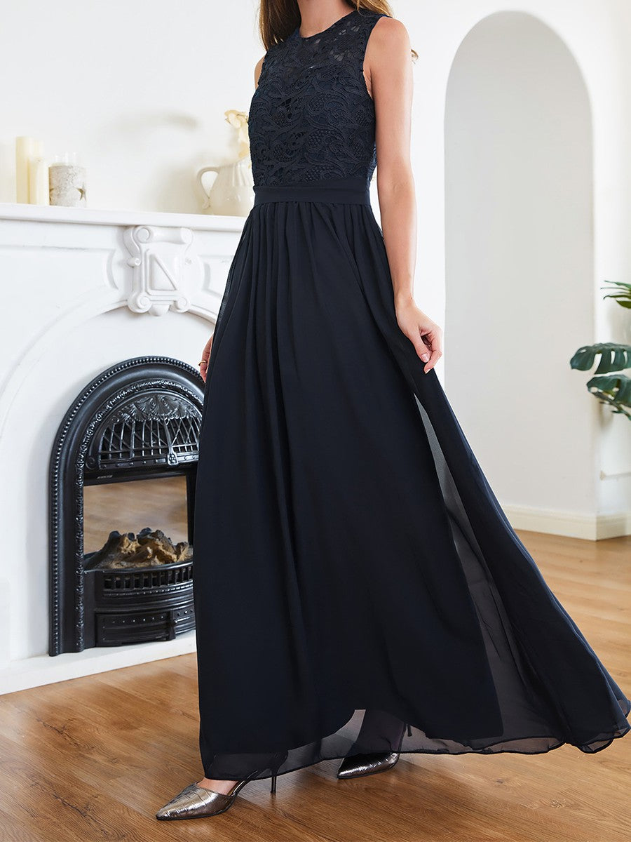 Onbely robe demoiselle d'honneur longue dentelle mousseline col rond élégant