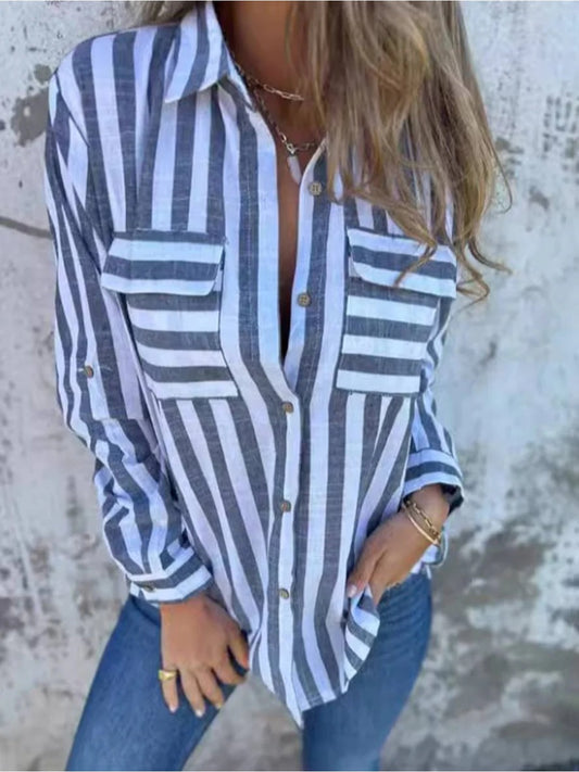 Onbely blouse femme élégante décontractée rayée col polo manches longues boutonnage poches mode