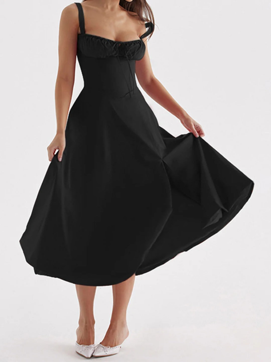 Onbely mi-longue robe unicolore fendu le côté à fines brides mode bal de promo