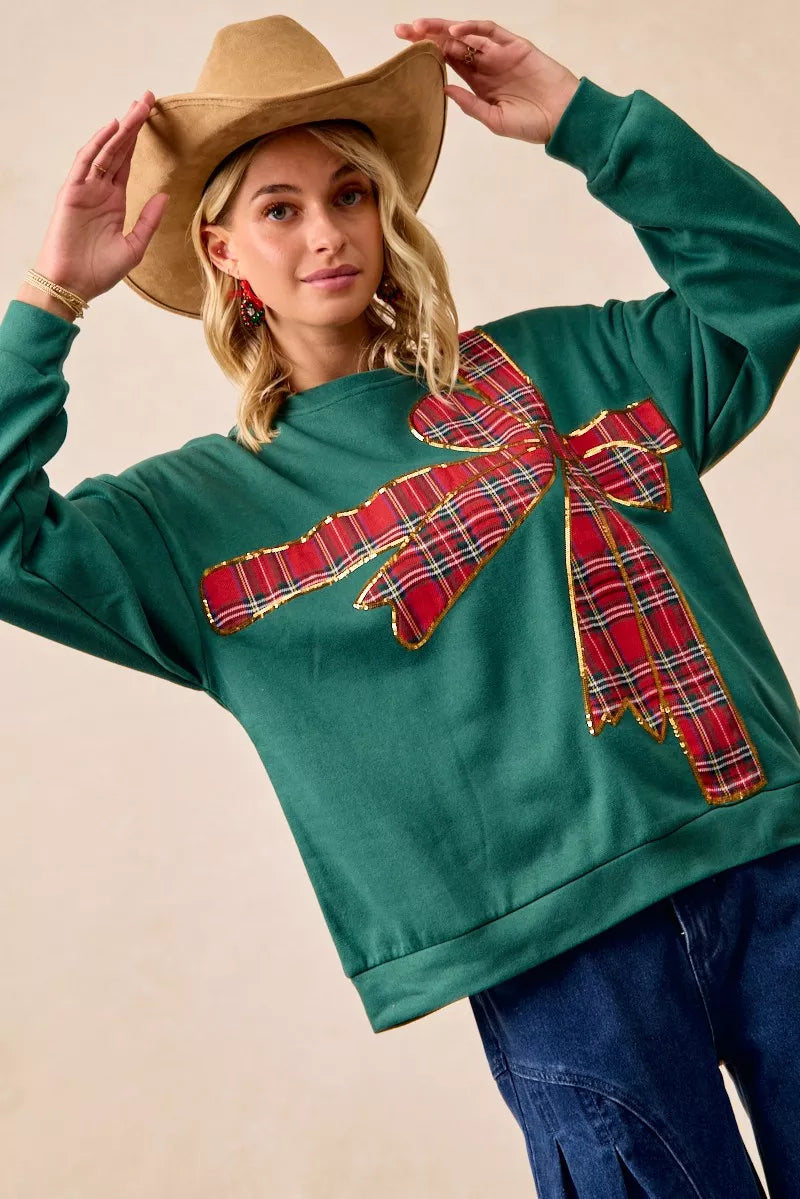 Sweat de Noël en polaire à ruban écossais et nœud décoratif