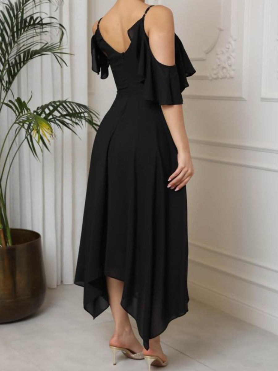 Onbely mi-longue robe irrégulière unicolore à fines brides col en V mode