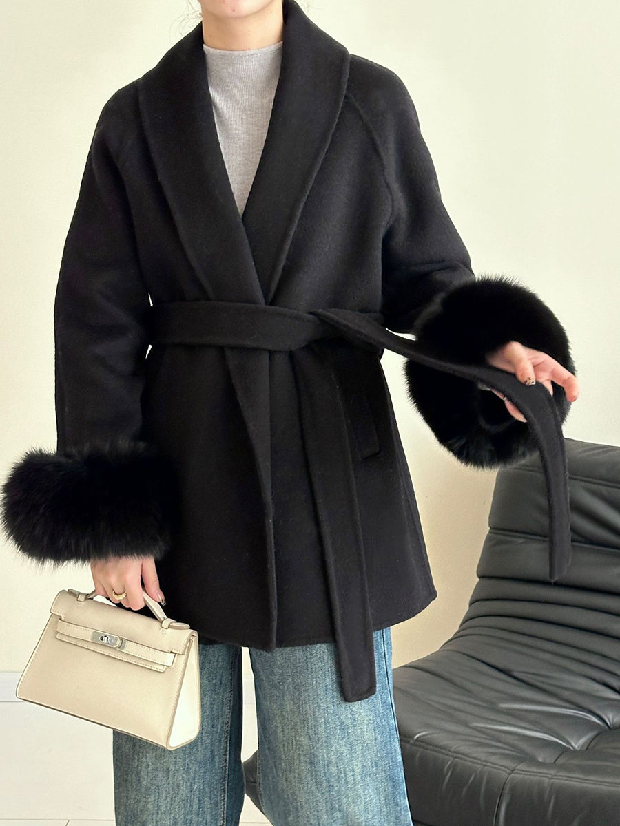 Onbely manteau en laine courte fausse fourrure avec ceinture pour femme