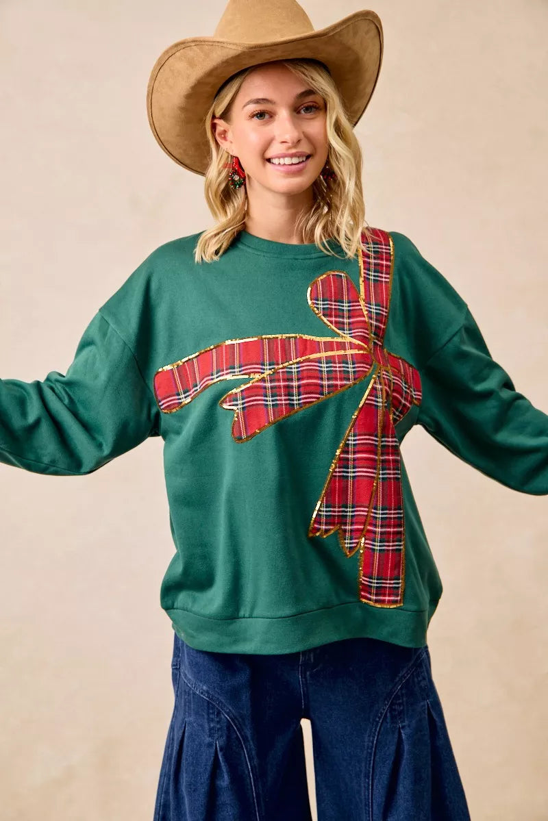 Sweat de Noël en polaire à ruban écossais et nœud décoratif