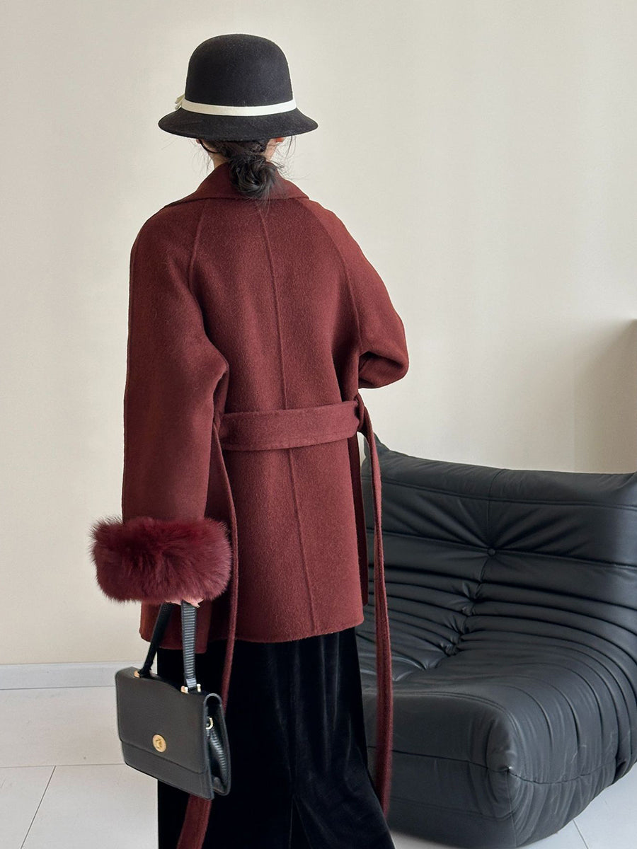 Onbely manteau en laine courte fausse fourrure avec ceinture pour femme