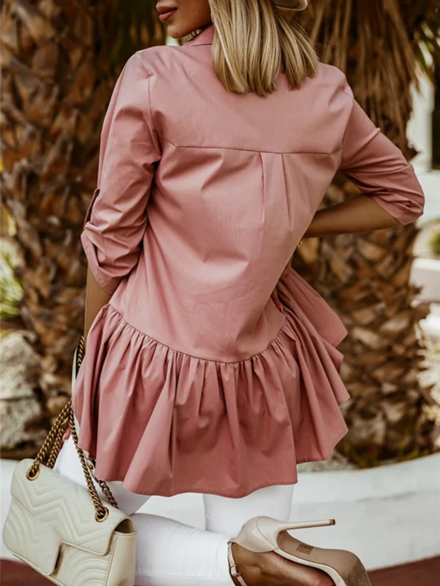 Onbely blouse à volantée boutonnage col chemise manches au coude femme élégant