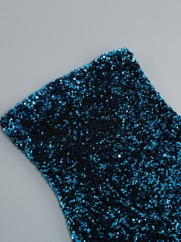 Onbely mini-robe mode brillante paillette plumes bleu - onbely