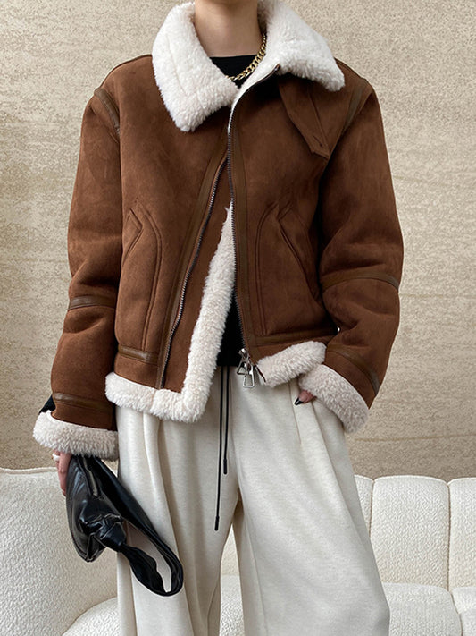 Onbely manteau aviateur en suedine laine pour femme hiver