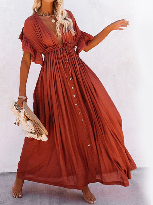 Onbely robe longue décolleté plongeant volants superposés manches courtes coulisse taille hawaienne vacances plage Protection solaire