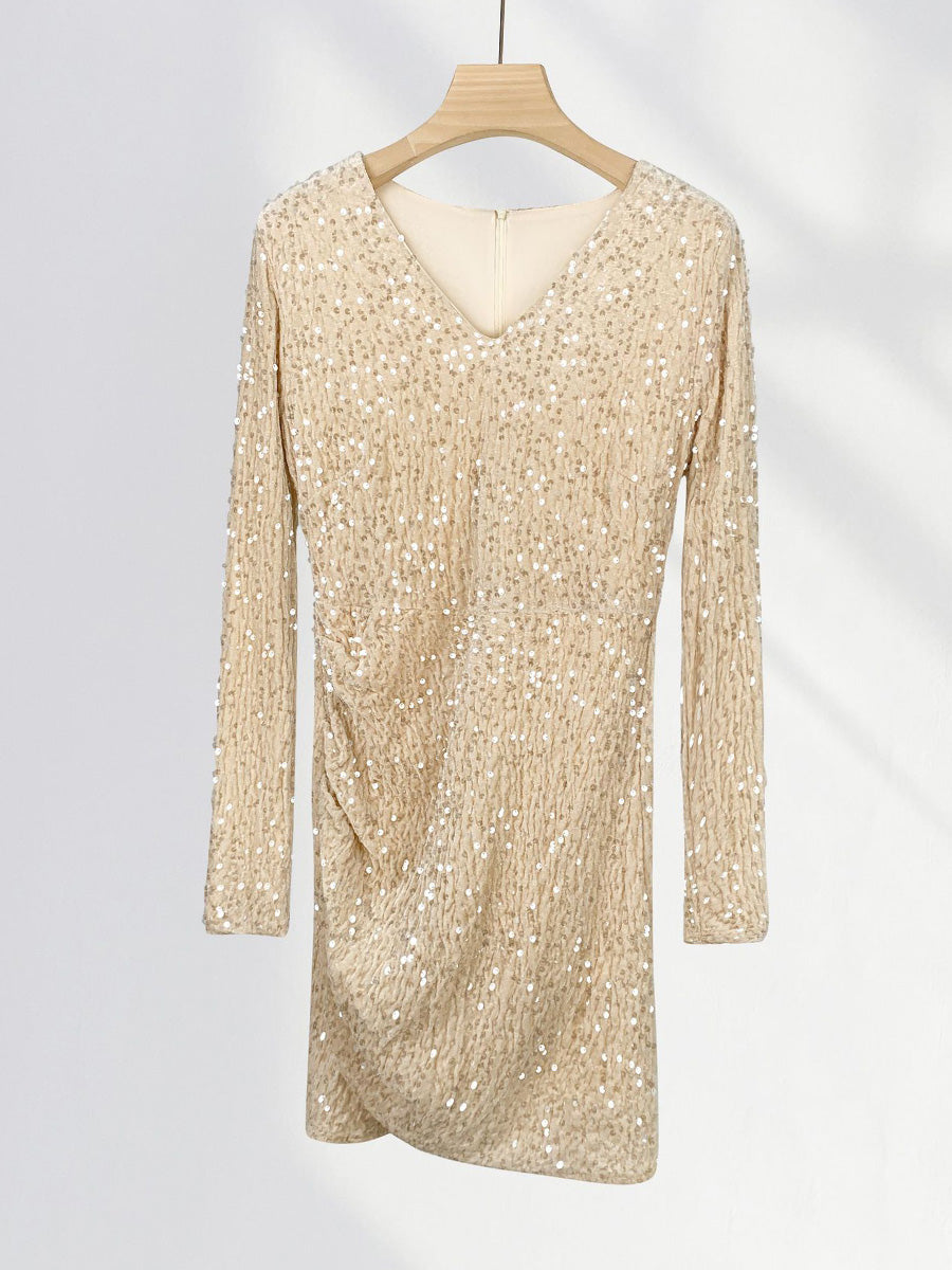 Onbely robe courte moulante velours brillante paillette Col en V cocktail